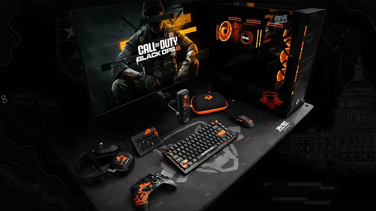 Call of Duty Black Ops 6 themed gaming setup - custom RGB PC and peripherals from JNXPC